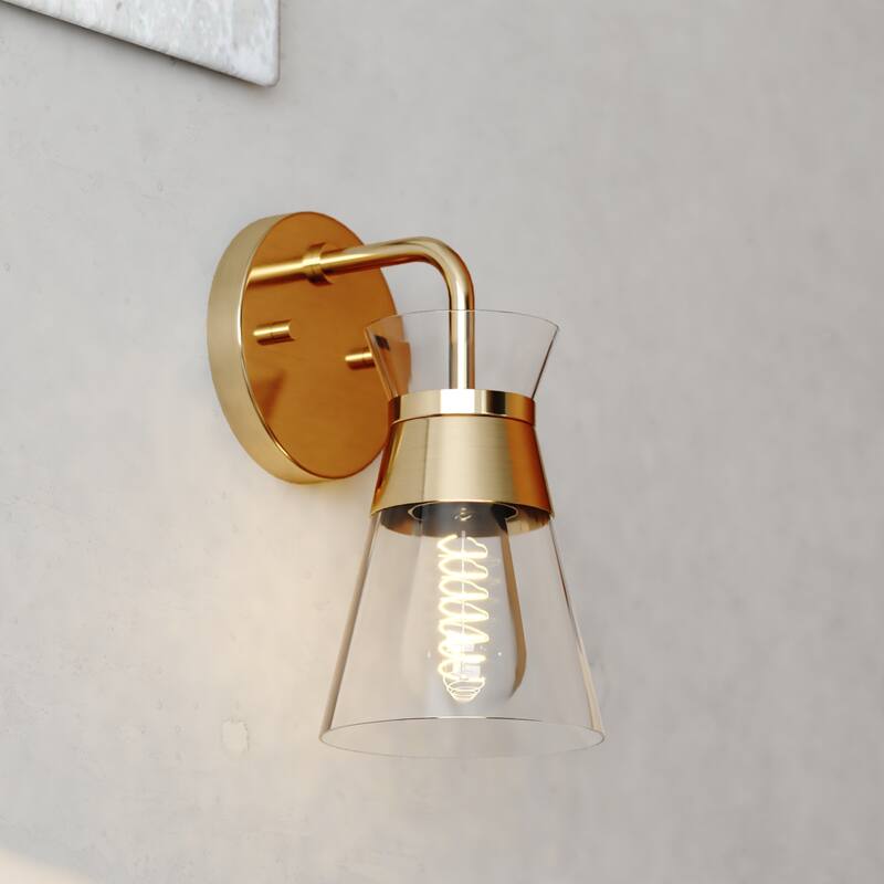 VAXCEL Harper Natural Brass Gold Mid-Century Modern Bathroom Vanity Lighting Fixture, Clear Glass Shade, Wall Sconce - Natural Brass - 5-in W x 10.25-in H x 6.25-in D