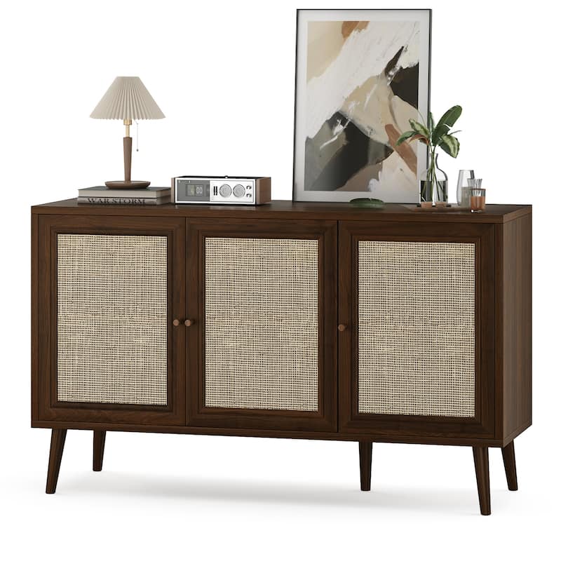 Sideboard Buffet Cabinet with 3 Rattan Doors,Modern Kitchen Storage Console Cabinet for Entryway Living Room (Small) - Walnut