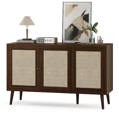 Sideboard Buffet Cabinet with 3 Rattan Doors,Modern Kitchen Storage Console Cabinet for Entryway Living Room (Small)