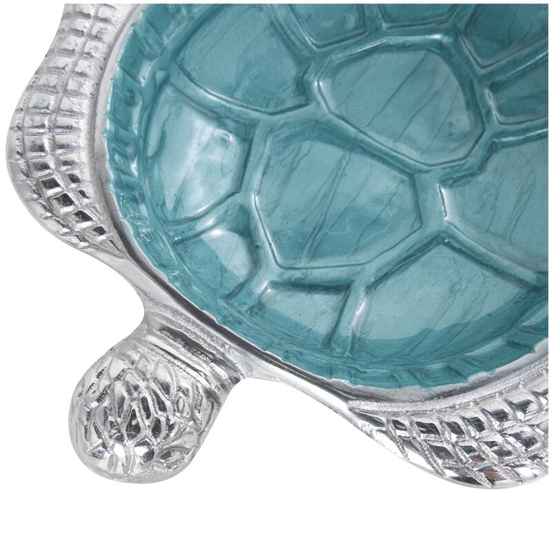 Aluminum Metal Turtle Handmade Enameled Decorative Bowl with Silver Exterior - Set of 2 White, Teal, Blue - Roche River Decor
