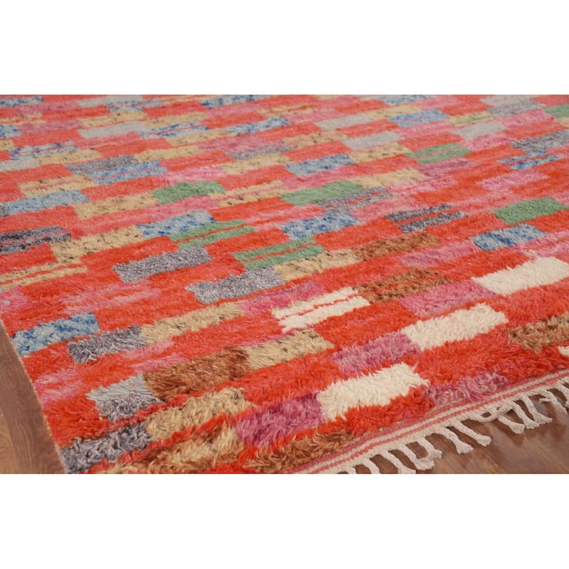 Checkered Moroccan Area Rug Handmade Orange Wool Carpet - 7'1" x 10'0"