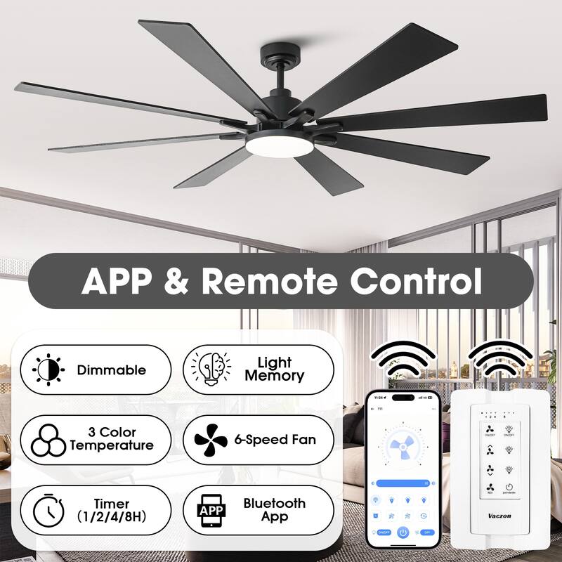 72-in Black Reversible 8-Blade Large Industrial Smart Ceiling Fan with Light and APP Control