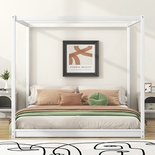 Modern King Size Canopy Bed, Platform Bed with Support Legs, White