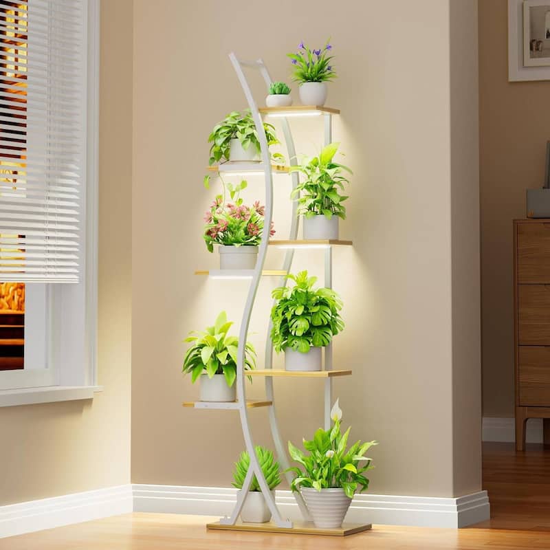 Wood Metal 7-Tier Indoor Plant Stand with Grow Lights and Timer - 19.69 x 9.45 x 63 inches