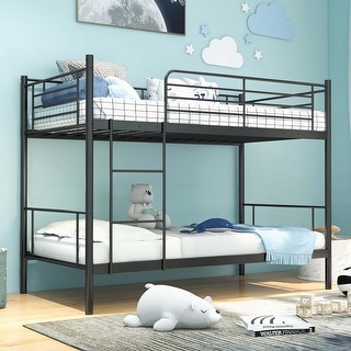 Metal Twin Over Twin Bunk Bed Metal Bed Fame with Ladder Guardrails