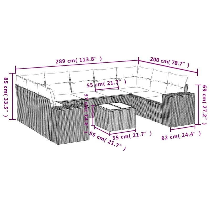 vidaXL 9/10 Piece Patio Sofa Set with Cushions Black/Brown/Gray Poly Rattan - 24.4 x 24.4 x 27.2
