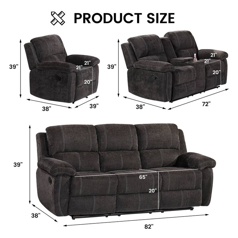3PC Modern Fabric Manual Recliner Sofa Set, Couch, Loveseat w/Console, Recliner