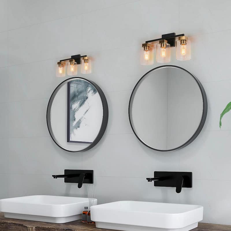 Modern Farmhouse Black Gold 3-Light Square Bathroom Vanity Light Glass Wall Sconces - L 18" x W 5.5" x H 10"