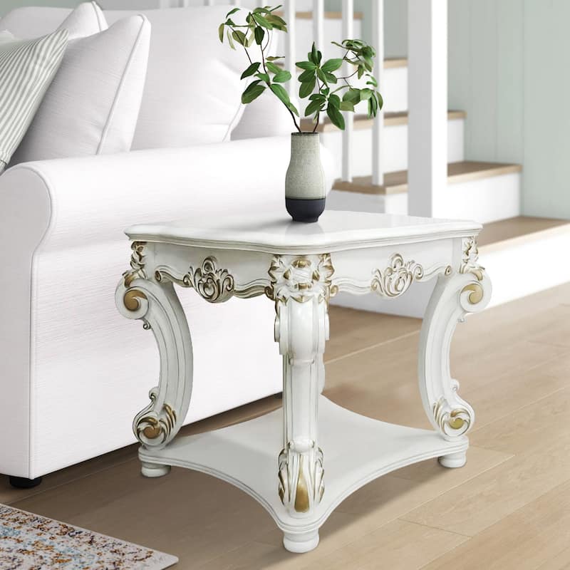Jess 30 Inch Side End Table, Classic Scrolled Legs, 1 Shelf, Brushed Gold