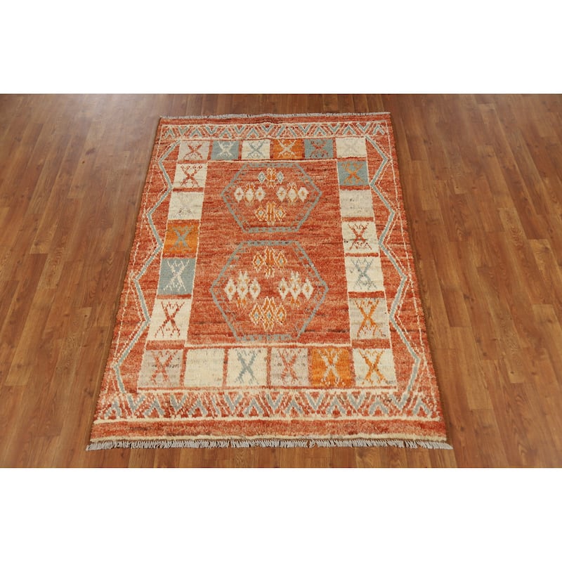 Orange Geometric Moroccan Oriental Rug Hand-Knotted Modern Wool Carpet - 4'1" x 6'1"