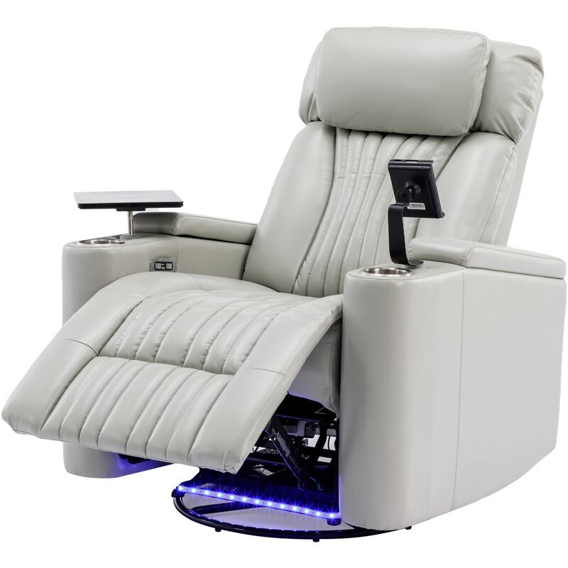 270° Power Swivel Recliner,Home Theater Seating With Hidden Arm Storage and LED Light Strip,Cup Holder