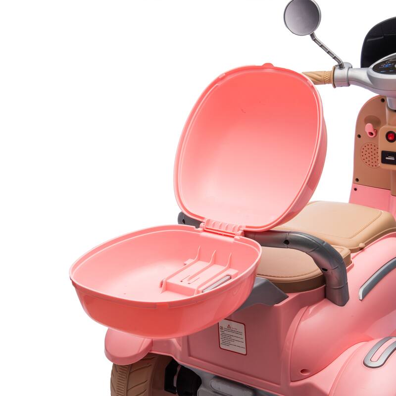 12V Ride-On Two-Seater Motorcycle for Kids, Three-Wheel Design, USB, Bluetooth, Adult Seat Flip, and Storage for Ages 3-6.