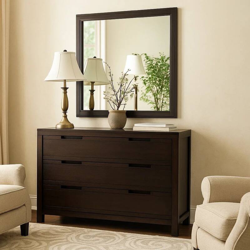 38 Transitional Style Square Wooden Frame Mirror, Espresso