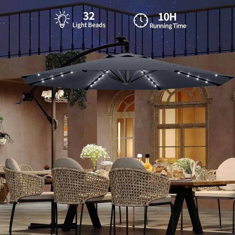 10FT Patio Outdoor Offset Umbrella with Lights for Deck Poolside Lawn Backyard