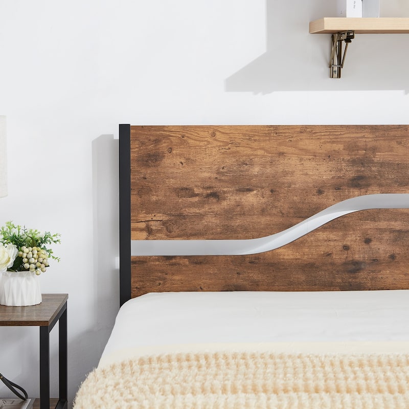 VECELO Beds Industrial Platform Bed Frame with Wood Headboard,Easy Set up