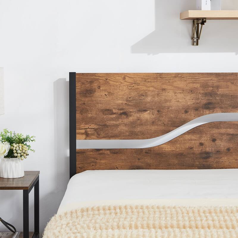 VECELO 2 Pack Twin Size Kids Bed Industrial Platform Bed Frame with MDF Curved Cutout Headboard Twin Size Bed Set of 2
