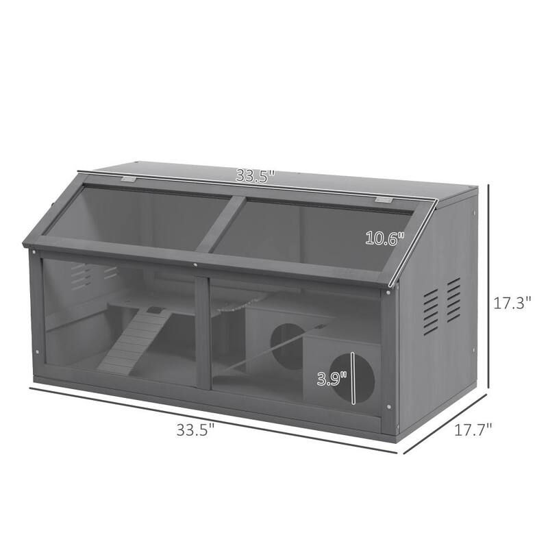 Charcoal Grey Fir Wood Hamster Cage with Hut, Ladder and Suspension Bridge - 33.5" L x 17.7" W x 17.3" H