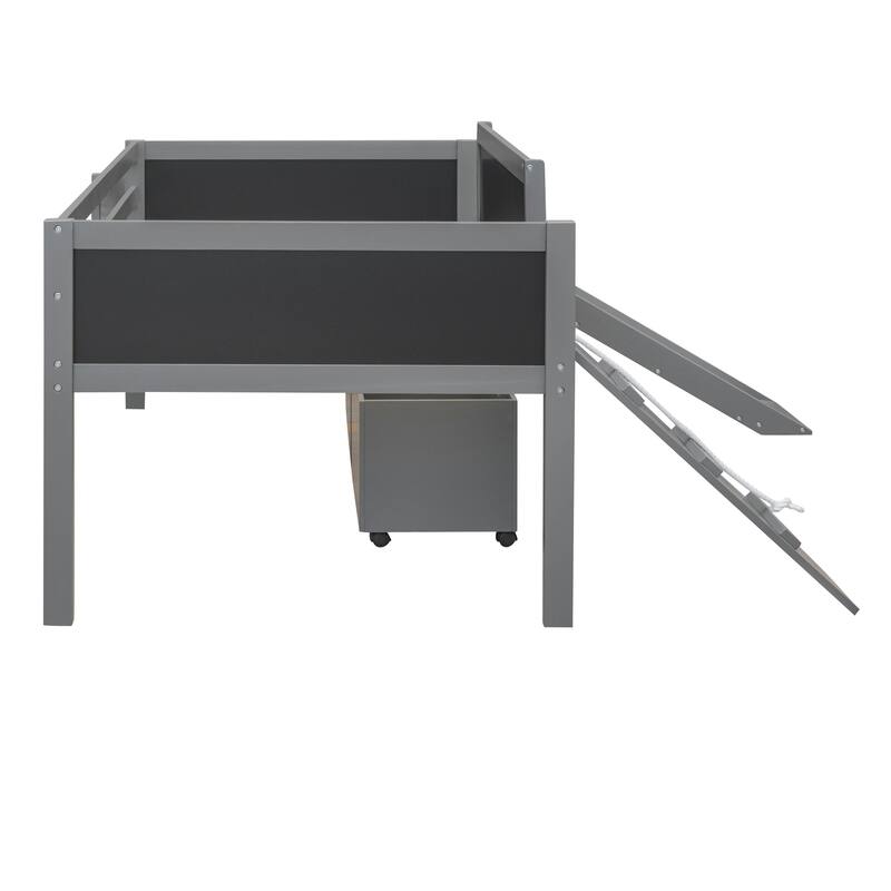 Twin Size Loft Bed with Storage Boxes and Climbing Frame - Gray