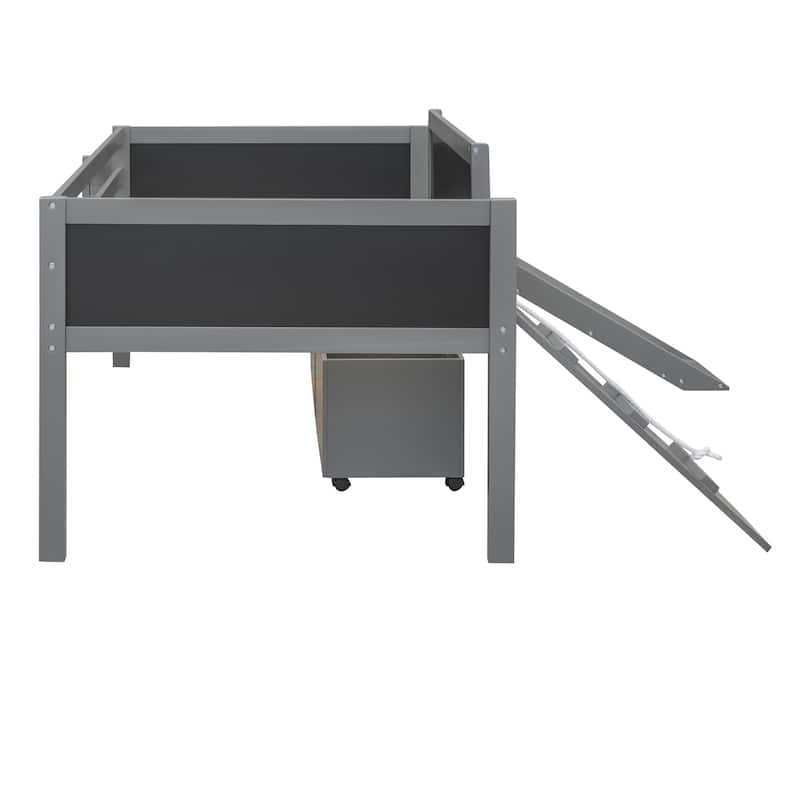Twin size Loft bed Wood bed with Two Storage Boxes - Gray
