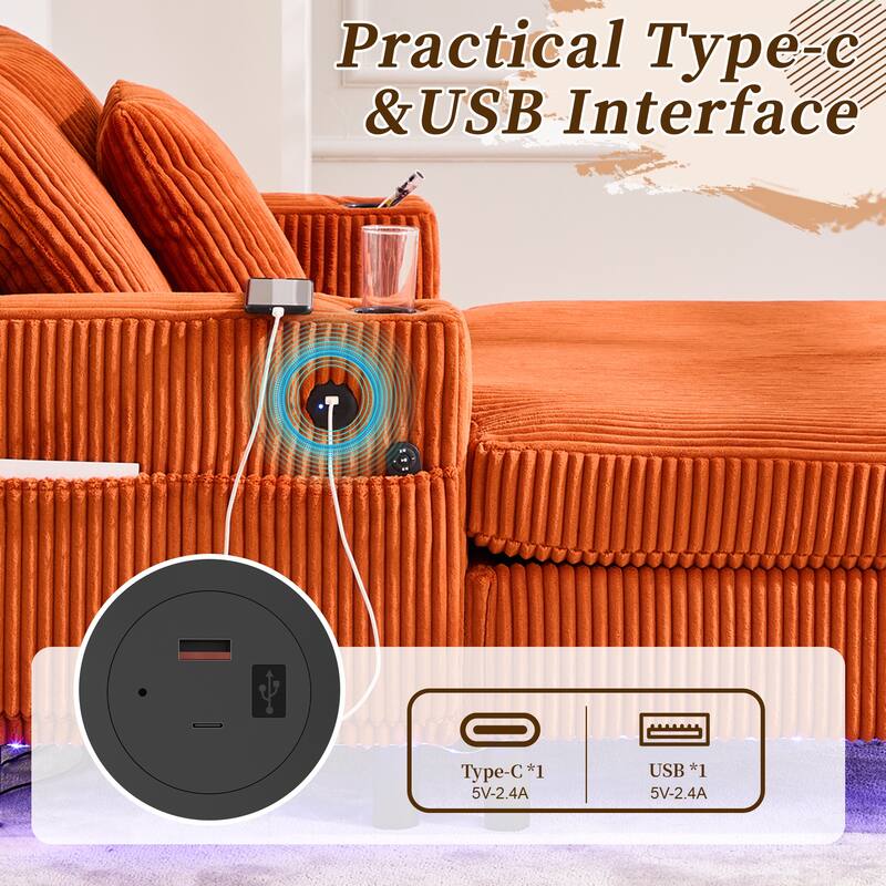 GDFStudio - Corduroy Recliner Sofa with USB Charging, RGB LED Light Strip - Suitable for Living Room and Bedroom