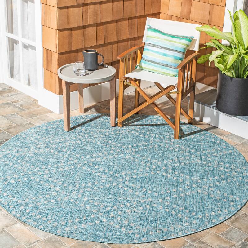 SAFAVIEH Courtyard Zainab Indoor/ Outdoor Waterproof Patio Backyard Rug - 6'7" Round - Aqua/Grey