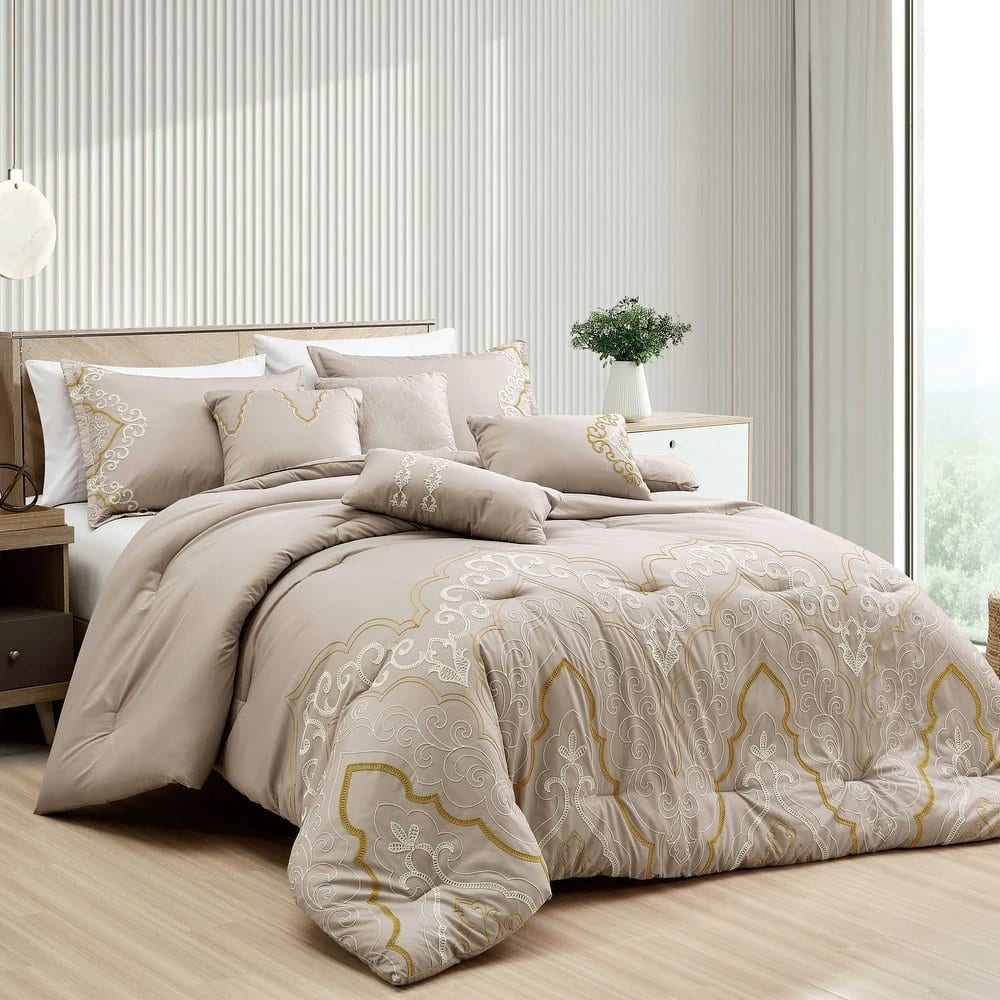 7 Piece Beige Comforter Set Embroidery Soft Bedding