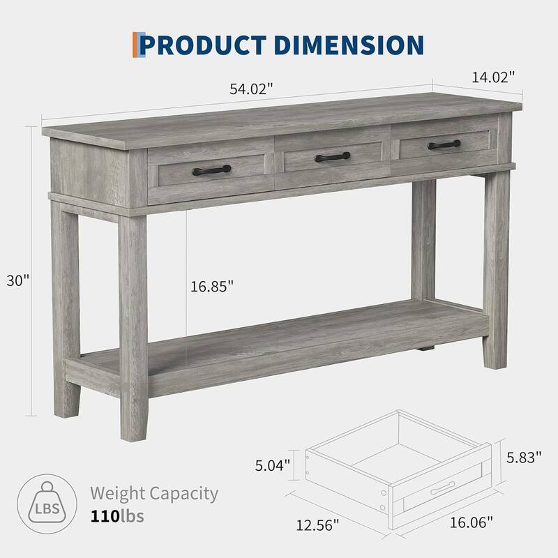 2 Tier Farmhouse Entryway Table, Console Table with 3 Storage Drawers