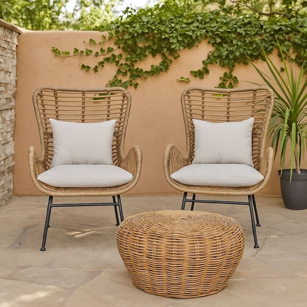 Margo Outdoor Accent Chair, Brown Woven Rattan, Beige, Black Metal