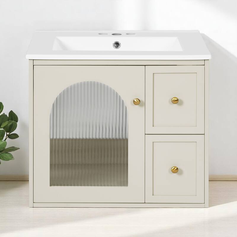 24" Wall-Mounted Bathroom Vanity with Ceramic Sink, 2 Drawers & Glass Door Cabinet, Modern Floating Design for Small Spaces