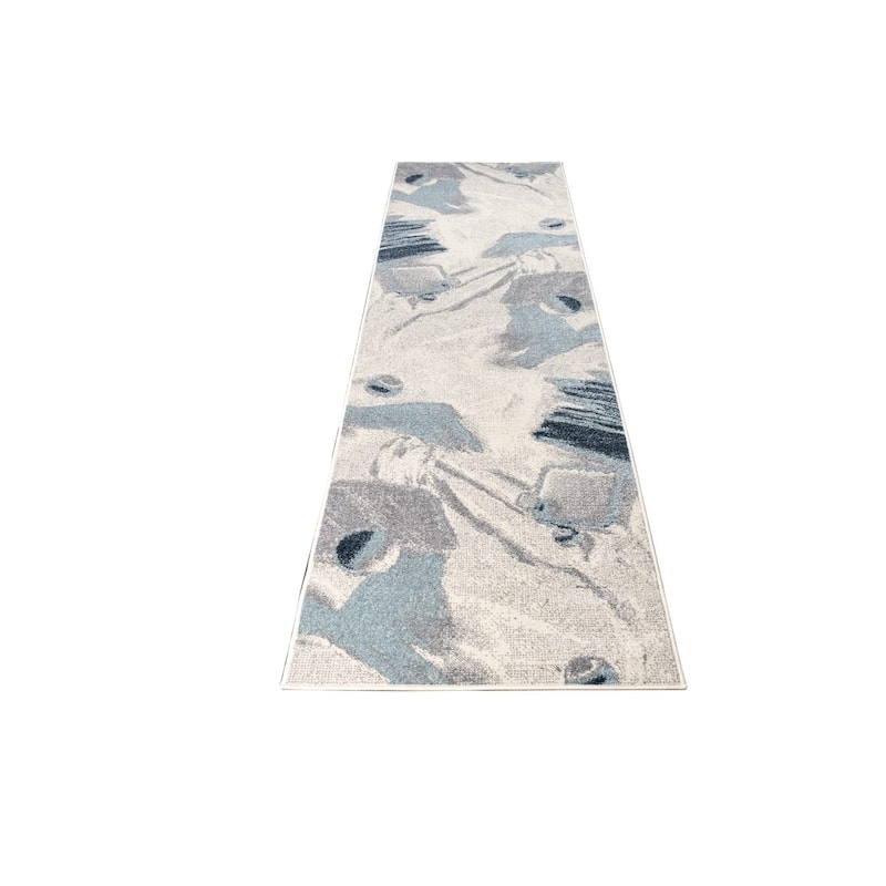 LaDole Abstract Rustic Minimalist Contemporary Runner Rug, Modern Carpet for Livingroom Hallway - Blue, Grey, and Ivory
