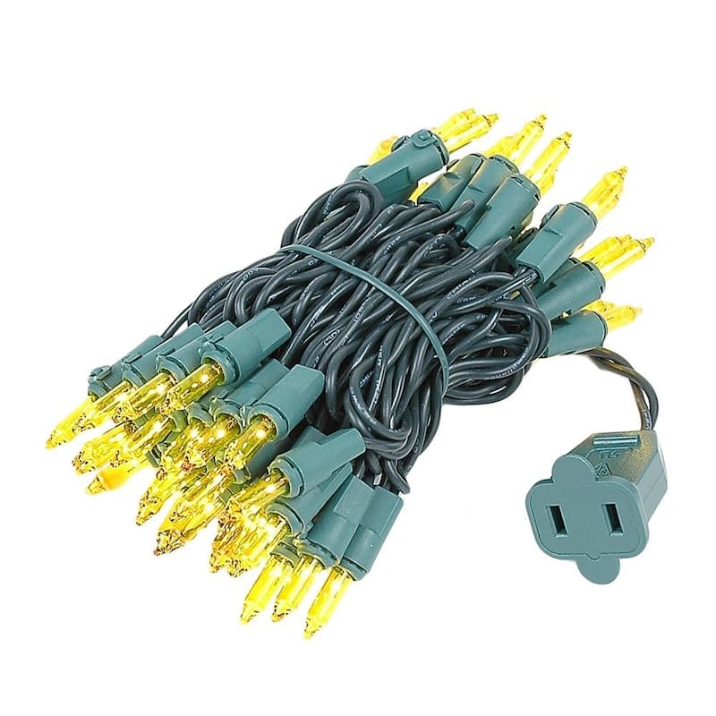 50 Light Christmas Mini Light Set, Green Wire, 11' Long - Yellow