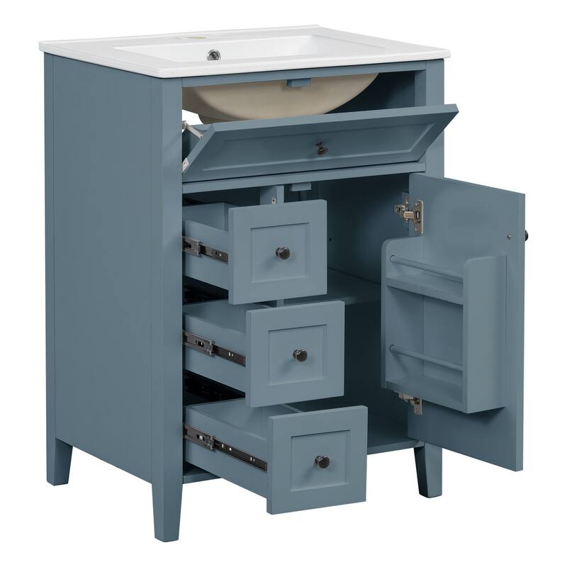 24" Gray Blue Bathroom Vanity with Sink, MDF & Rubberwood Construction, 3 Drawers & Cabinet with Adjustable Shelves