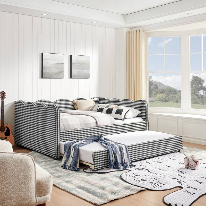 Upholstery Daybed Full Size Sofa Bed with Twin Size Trundle and Charging Ports, Linen Fabric Plaid Pattern and Wavy Silhouette