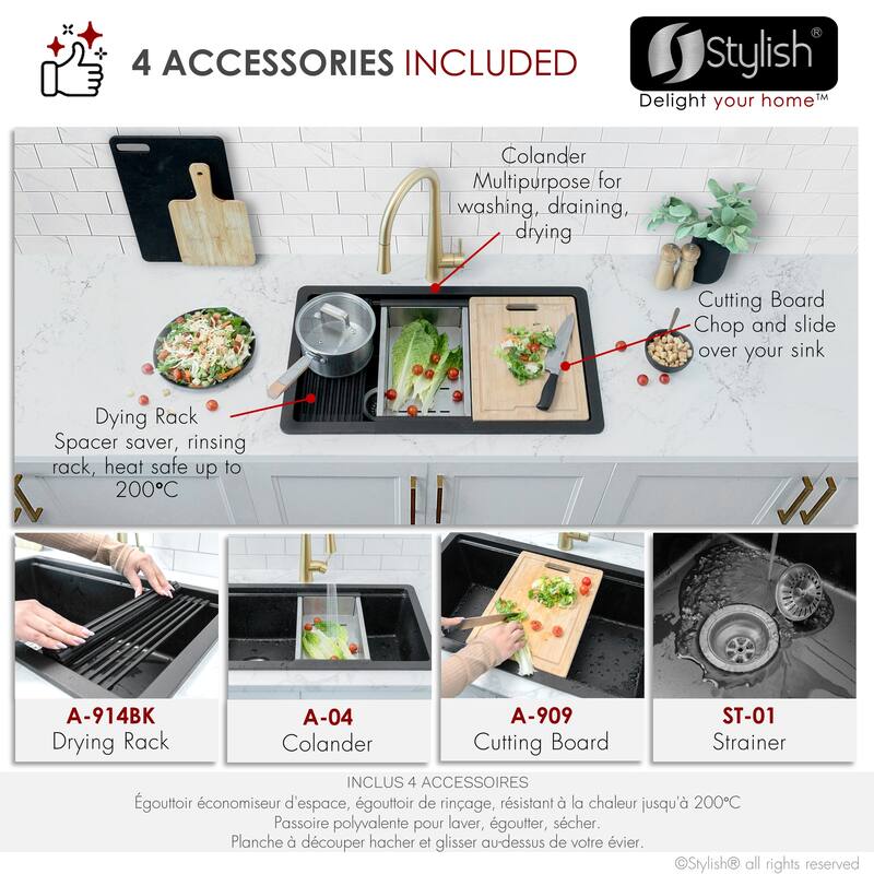 Dual mount 28 inch Black Composite Granite Single Bowl Workstation Kitchen Sink