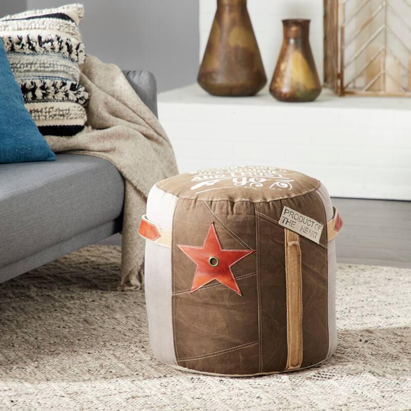 Brown Canvas Pouf with Leather Accents