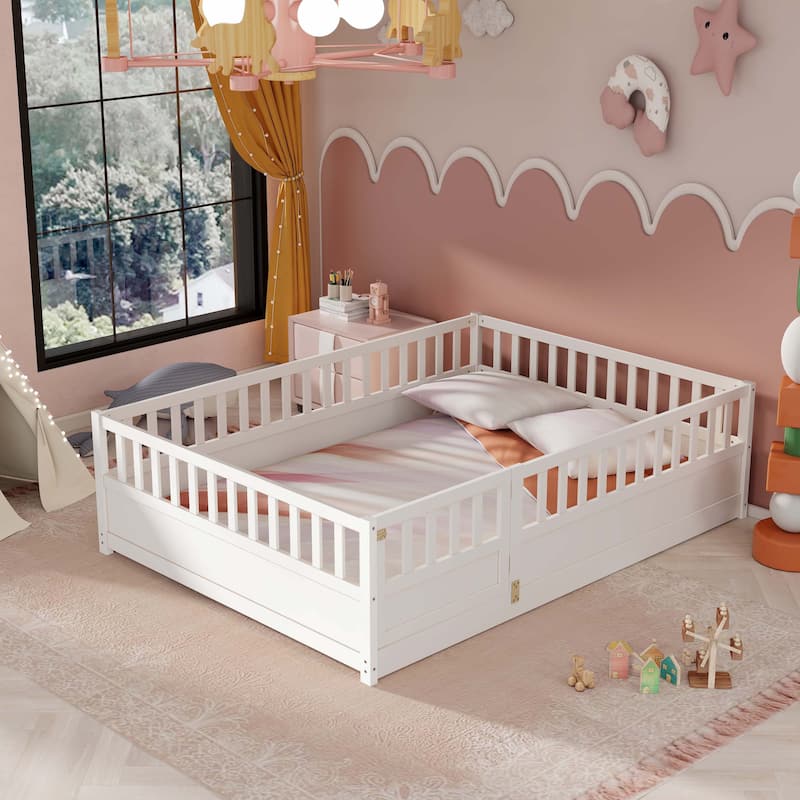 Full Size Floor bed with super high security barrier For children - White