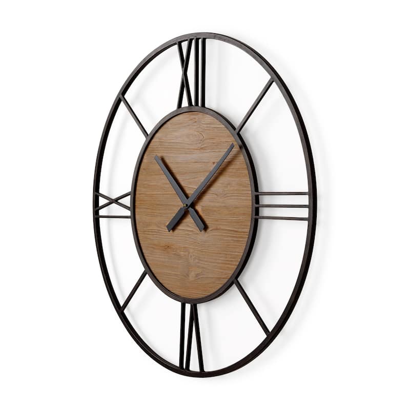 Brielle Black Iron And Brown Wood 30" Round Wall Clock - 29.9"W x 2"D x 29.9"H - Black