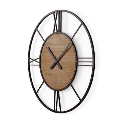 Brielle Black Iron And Brown Wood 30" Round Wall Clock - 29.9"W x 2"D x 29.9"H