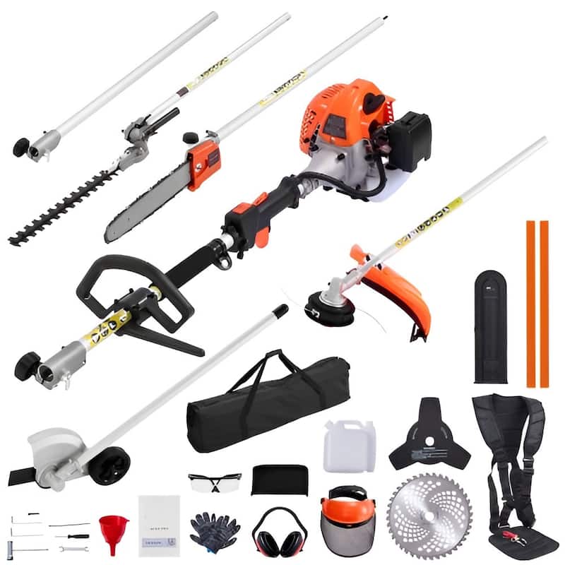 6-in-1 Gas Hedge Trimmer Pole Saw String Trimmer Brush Cutter Edger 26CC Engine - Trimmer: 91 x 9.5 x 8.9 in