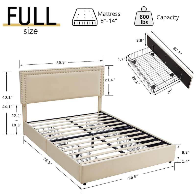 VECELO Upholstered Storage Bed Frames with 4 Storage Drawers Platform Bed Frame with Adjustable Velvet Rivets Headboard