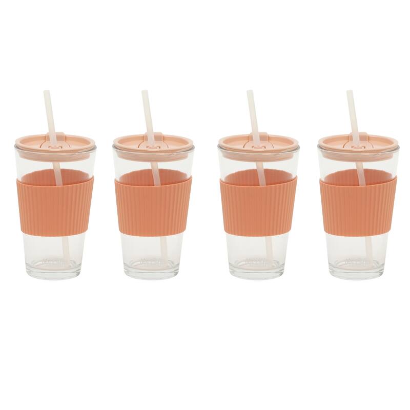 Mr. Coffee Sip Savvy 4-Pack 15oz Glass Tumblers with Lids and Straws - Reusable Iced Coffee Cups - Pink