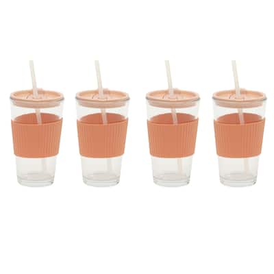 Mr. Coffee Sip Savvy 4-Pack 15oz Glass Tumblers with Lids and Straws - Reusable Iced Coffee Cups