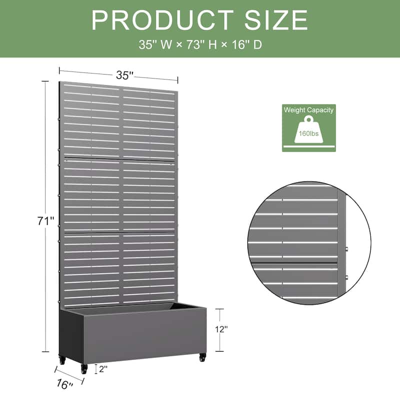 Metal Movable Planter Box with Trellis Privacy Screen Planter Box with Lockable Wheels - 72"x35"