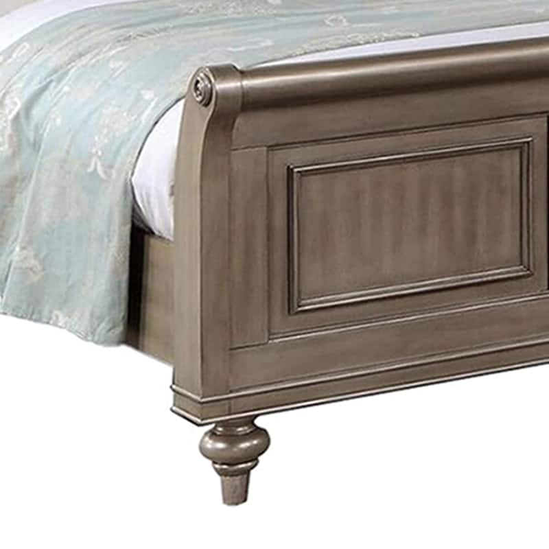 Wooden Bed with Upholstered Headboard in Antique Silver