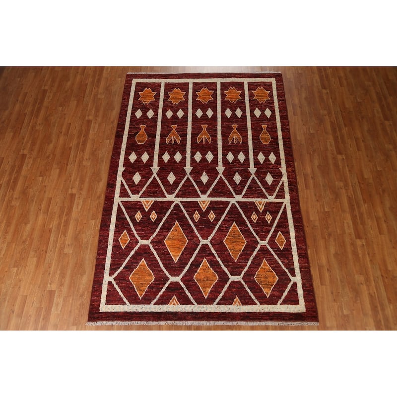 Hand Knotted Oriental 100% Wool Carpet Modern Geometric Red Moroccan Area Rug - 9' 10'' X 6' 8''