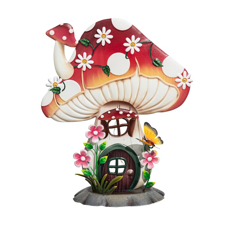 LED Metal Floral Mushroom House Statuary, 16"H