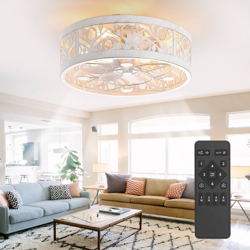 16.5in Vintage Distressed White Flush Mount Caged Ceiling Fan with Remote Light(7-Blade) - Style-1 - Remote