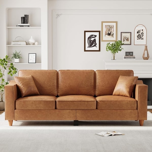 Faux Leather Sofa, 3-Seater Couch with Pillows, Wide Armrests & Deep Seats, Brown - On Sale - Bed Bath & Beyond