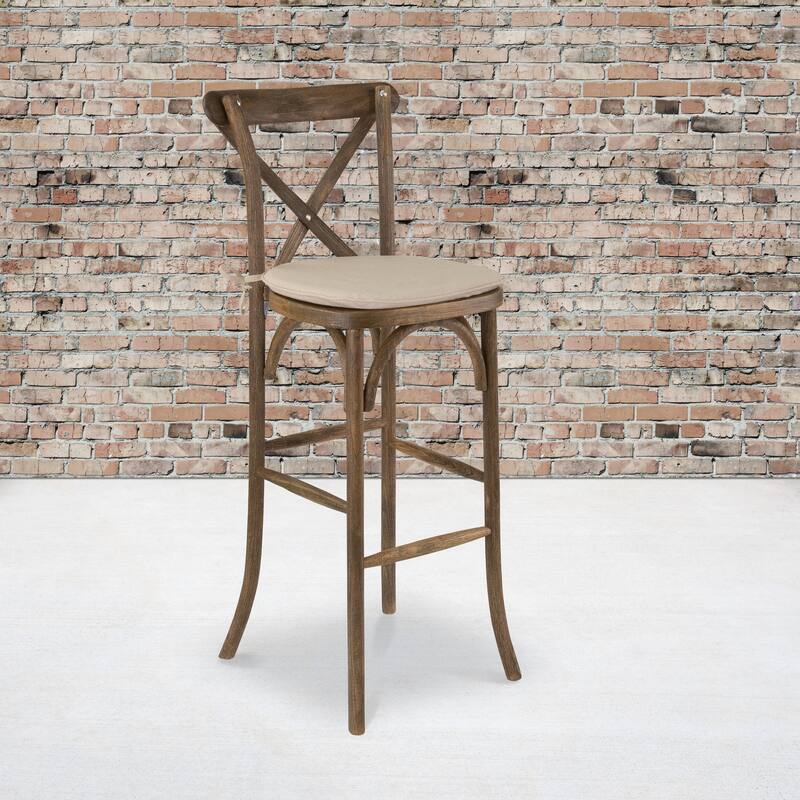 350lb. Rated Dark Antique Wood Cross Back Stackable Barstool with Cushion - 13.75"D x 13" - 17.5"W x 43"H - Dark Antique