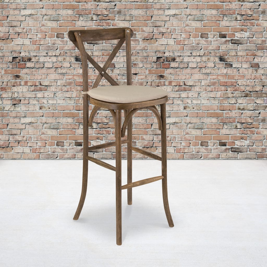 350lb. Rated Dark Antique Wood Cross Back Stackable Barstool with Cushion - 13.75"D x 13" - 17.5"W x 43"H
